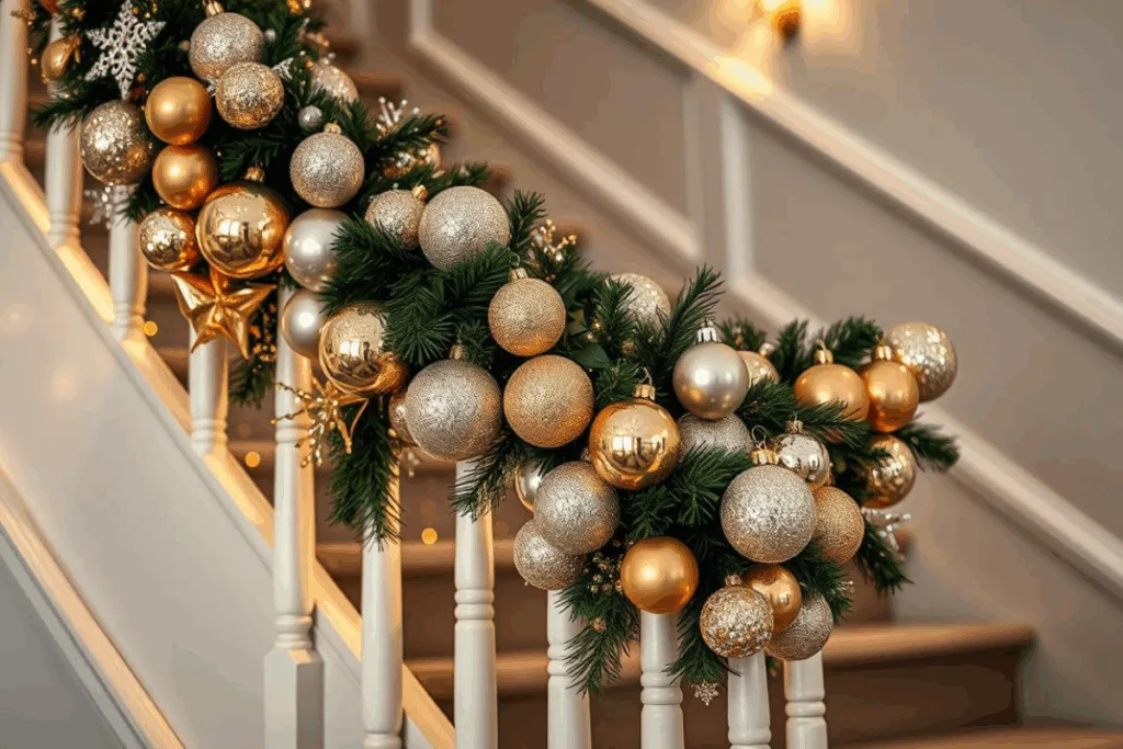 Weihnachtsdeko für Treppengeländer - 5 elegante Ideen! Glitzernde Christbaumkugeln in Gold und Silber als elegante Weihnachtsdeko für Treppengeländer