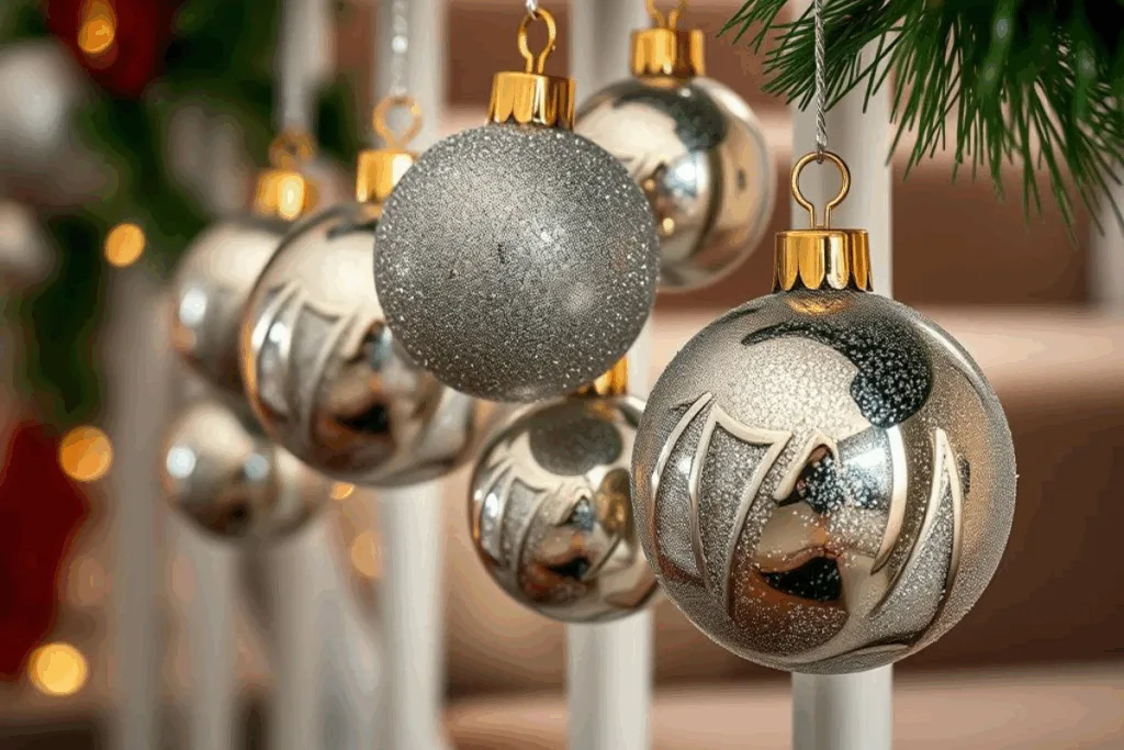 Weihnachtsdeko für Treppengeländer - 5 elegante Ideen! Detailaufnahme von glänzenden Weihnachtskugeln in verschiedenen Größen am Treppengeländer