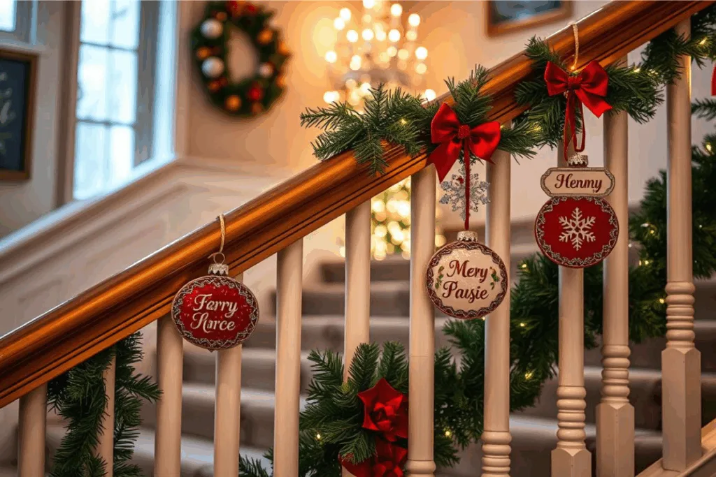 Weihnachtsdeko für Treppengeländer - 5 elegante Ideen! Personalisierte Weihnachtsanhänger mit Namen und festlichen Motiven am Treppengeländer