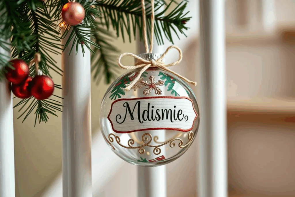 Weihnachtsdeko für Treppengeländer - 5 elegante Ideen! Nahaufnahme eines personalisierten Weihnachtsanhängers mit Namen für Treppengeländer
