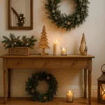 Weihnachtsdeko im Flur mit Tannengrün, Kerzen, Holz und Lichterkette