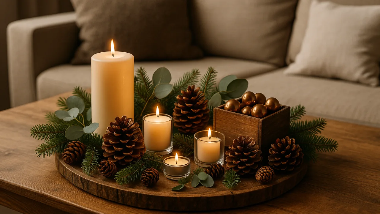 Weihnachtsdeko für den Couchtisch – 3 gemütliche Ideen Rustikale Weihnachtsdeko auf Couchtisch mit Kerzen, Zapfen und Tannenzweigen
