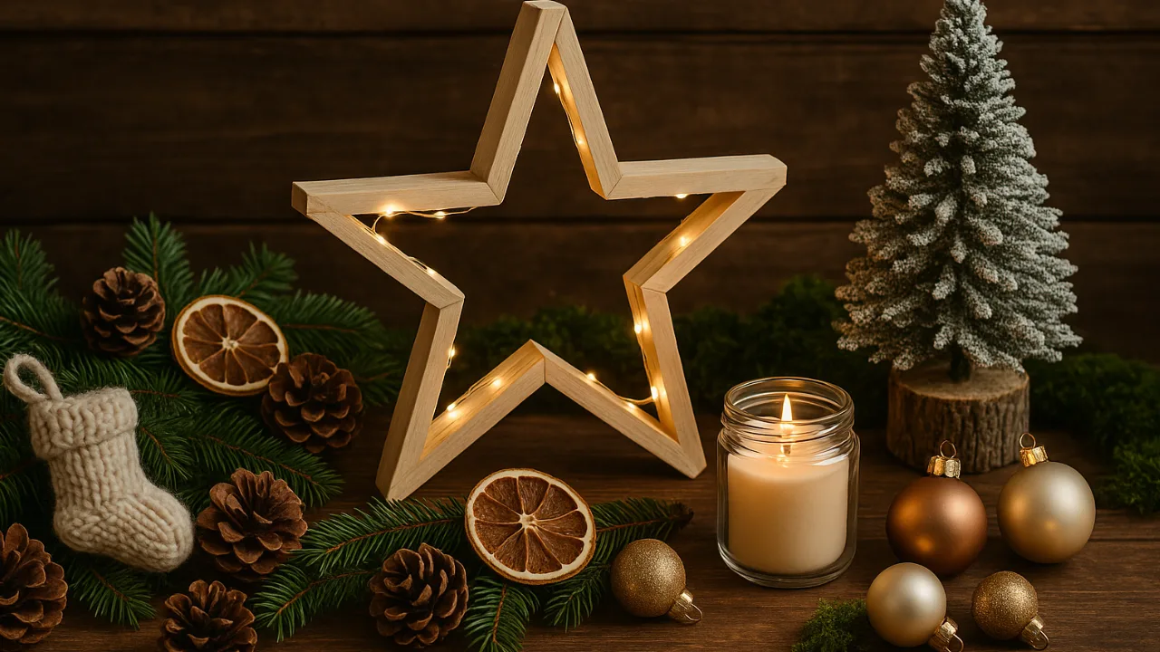 Natürliche Weihnachtstrends 2025 mit Holzstern, Kerze und Tannenzweigen