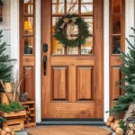 Winterdeko am Hauseingang mit Tannenzweigen, Zapfen und Holzelementen