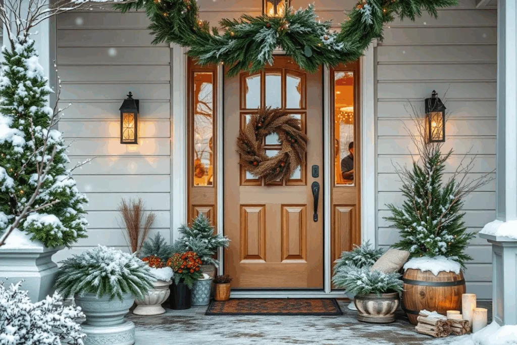 Winterdeko am Hauseingang mit harmonischer Kombination verschiedener Dekoelemente