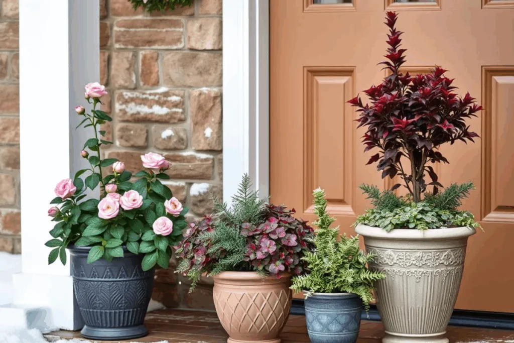 Winterdeko am Hauseingang mit Christrosen, Heidekraut und Koniferen in dekorativen Töpfen