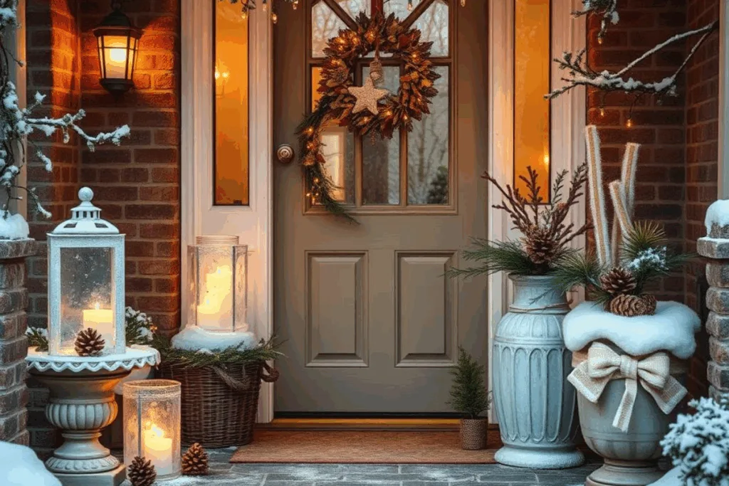 Winterdeko am Hauseingang mit selbstgemachten Elementen wie Eislaternen und dekorierten Körben