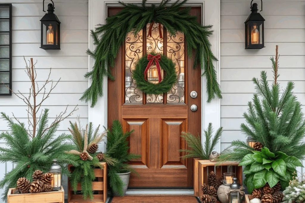 Winterdeko am Hauseingang mit Tannenzweigen, Zapfen und Holzelementen