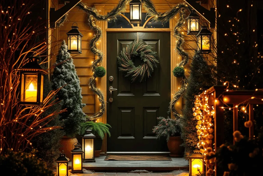 Winterdeko am Hauseingang mit verschiedenen Laternen und Lichterketten