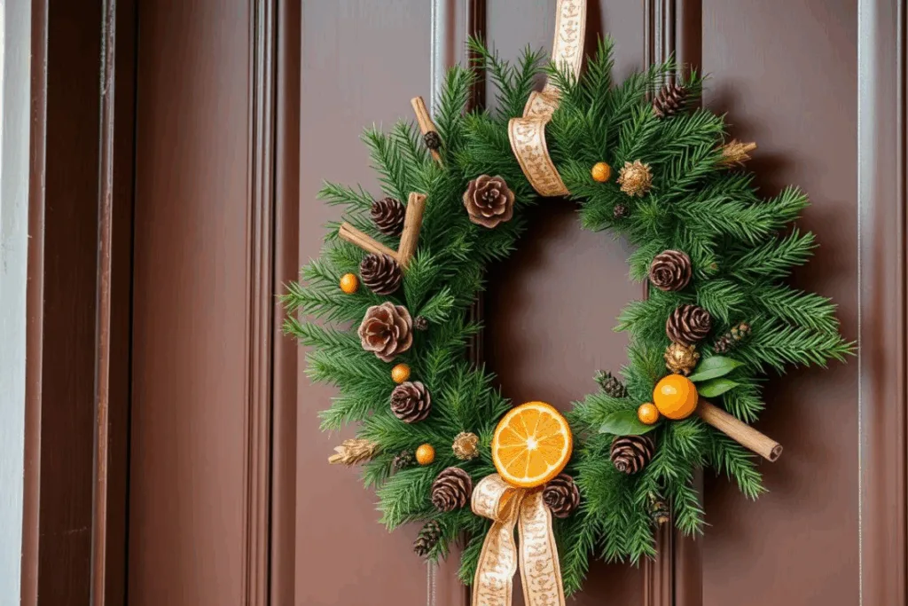 Winterdeko am Hauseingang mit einem selbstgemachten Türkranz aus natürlichen Materialien