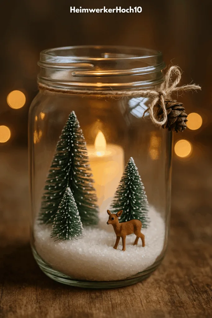 Einmachglas Deko zu Weihnachten: 3 einfache Ideen zum Nachmachen Einmachglas Weihnachten mit Tannenbäumchen, Rehfigur und Kerzenlicht auf Holztisch
