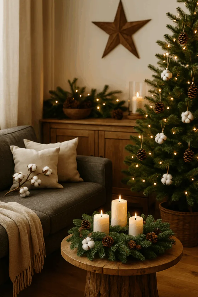 Natürliche Weihnachtsdeko im Wohnzimmer mit Holz, Tannenzweigen und Kerzen