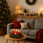 Gemütliches Wohnzimmer mit Weihnachtsdeko, Tannenbaum, Kerzen und Holzdetails