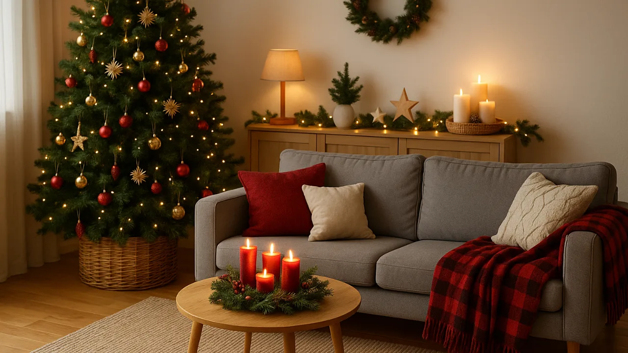 Gemütliches Wohnzimmer mit Weihnachtsdeko, Tannenbaum, Kerzen und Holzdetails