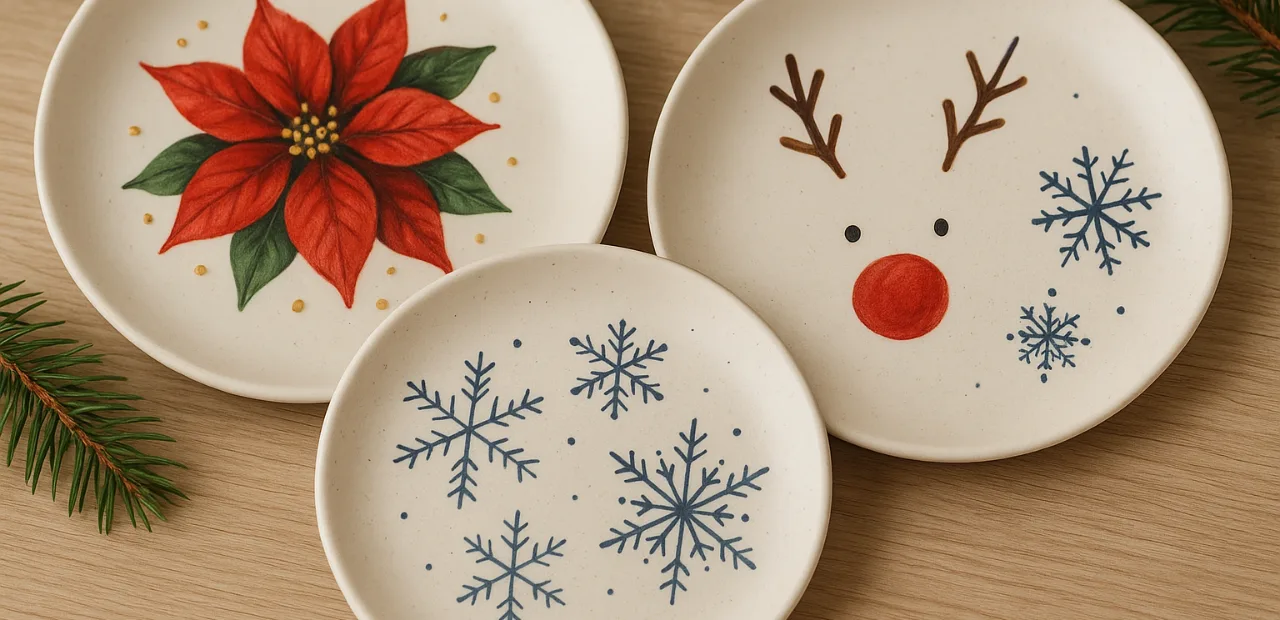 Drei handbemalte Keramikteller mit Weihnachtsmotiven: Stern, Rentier, Schneeflocken