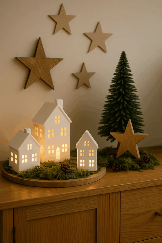 Weihnachtsdeko im Homeoffice - 3 Ideen für ein gemütliches Arbeitszimmer Weihnachtsdeko im Homeoffice mit Keramikhäusern, Holzbaum und Sternen auf Holzkommode