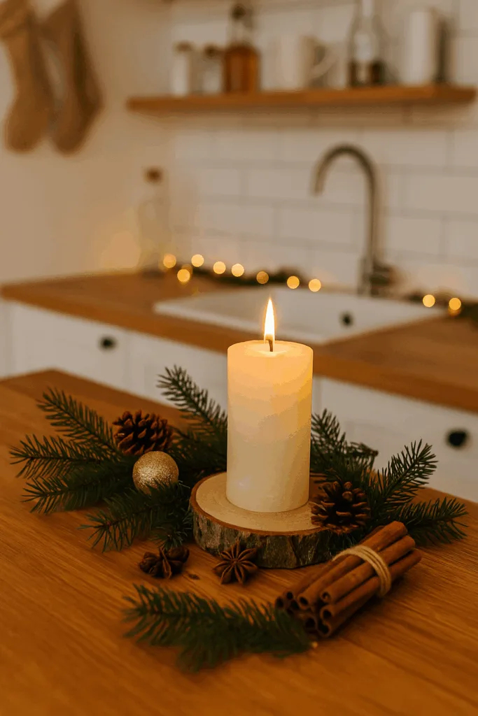 Weihnachtsdeko in der Küche - 3 wunderschöne Ideen Weihnachtsdeko Küche mit Kerze, Tannenzweigen, Zimtstangen und Holzdetails
