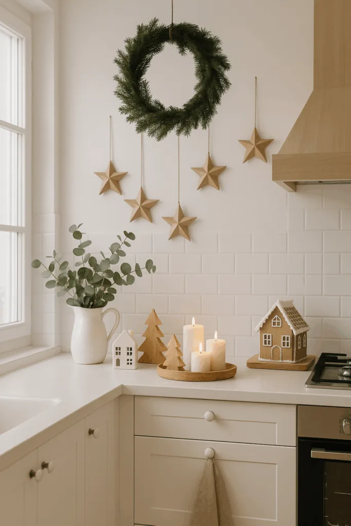 Weihnachtsdeko in der Küche - 3 wunderschöne Ideen Skandinavische Weihnachtsdeko in heller Küche mit Holz, Eukalyptus und Kerzen