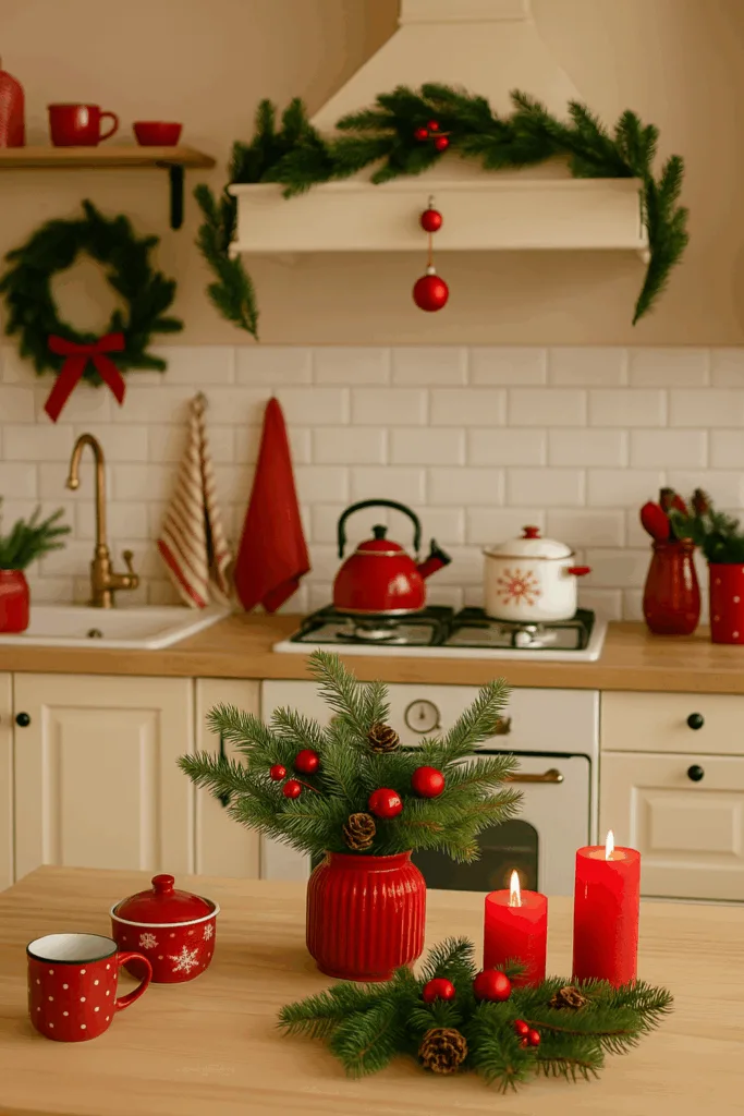 Weihnachtsdeko in der Küche - 3 wunderschöne Ideen Weihnachtsdeko in roter Küche mit Kerzen, Tannenzweigen und Retro-Charme