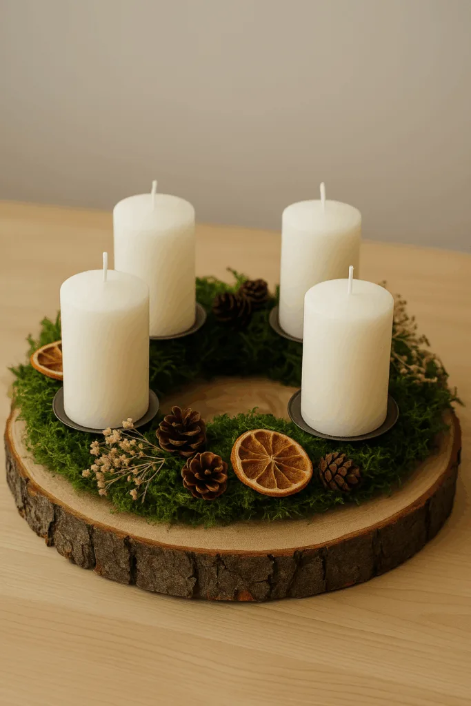 Adventskranz aus Holzscheibe mit Moos, Zapfen und vier weißen Kerzen