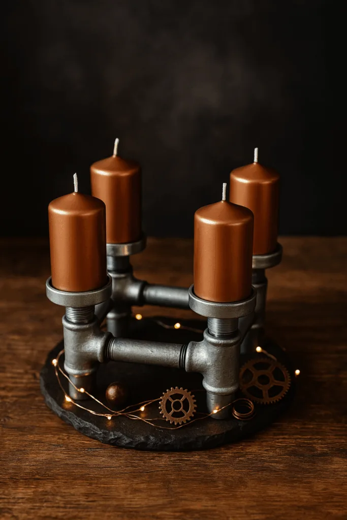 Adventskranz aus Metallrohren mit Kupferkerzen und Lichterkette im Industrial-Design
