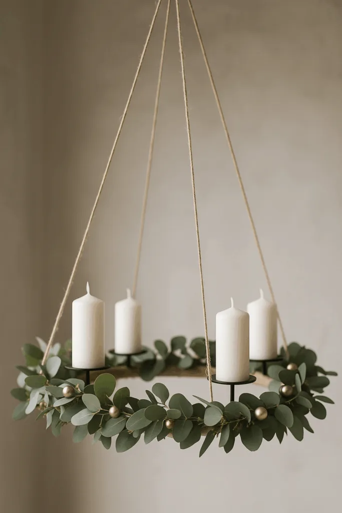 Hängender Adventskranz mit Eukalyptus, vier Kerzen und Juteschnur in modernem Stil
