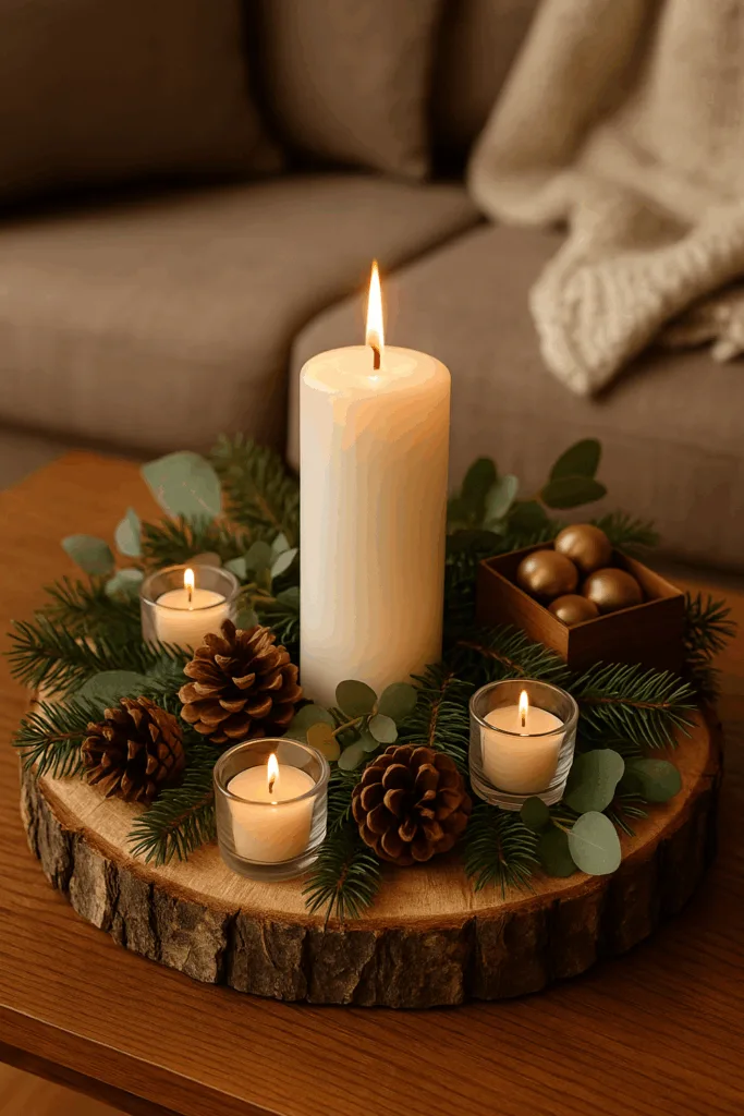 Weihnachtsdeko für den Couchtisch - 3 gemütliche Ideen Rustikale Weihnachtsdeko für den Couchtisch mit Holzscheibe, Tannenzweigen und Kerzen