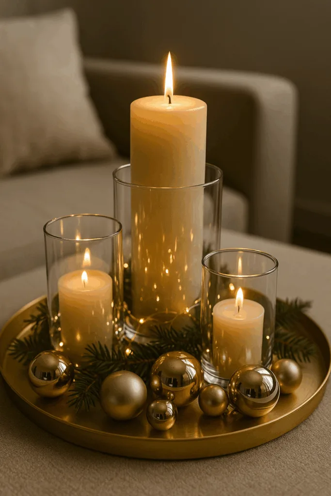 Weihnachtsdeko für den Couchtisch - 3 gemütliche Ideen Weihnachtsdeko Couchtisch mit goldenen Kugeln, Glaslichtern und Kerzen im Abendlicht