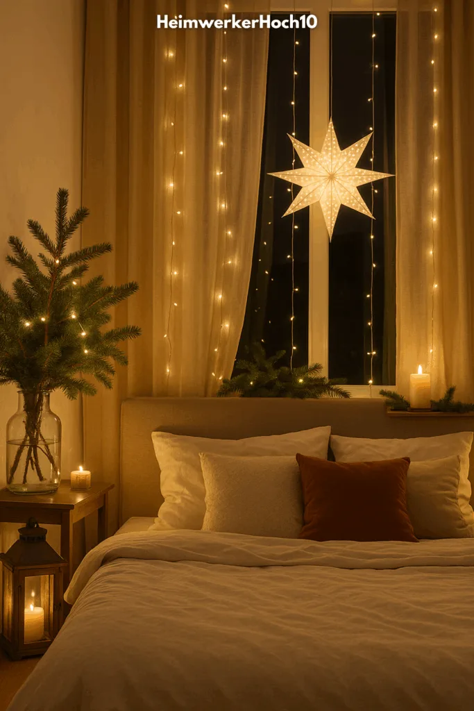 Weihnachtsdeko im Schlafzimmer - 3 gemütliche Ideen für die Adventszeit Weihnachtsdeko im Schlafzimmer mit Lichterketten, Kerzen und Tannenzweigen für gemütliche Atmosphäre