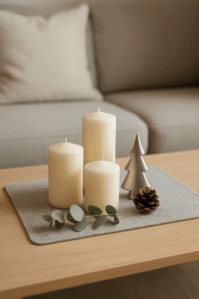 Weihnachtsdeko für den Couchtisch - 3 gemütliche Ideen Minimalistische Weihnachtsdeko auf Couchtisch mit Kerzen, Eukalyptus und Metallfigur