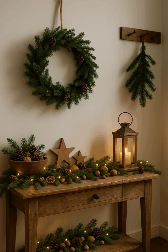 Natürliche Weihnachtsdeko im Flur mit Tannenzweigen, Holz und Lichterkette