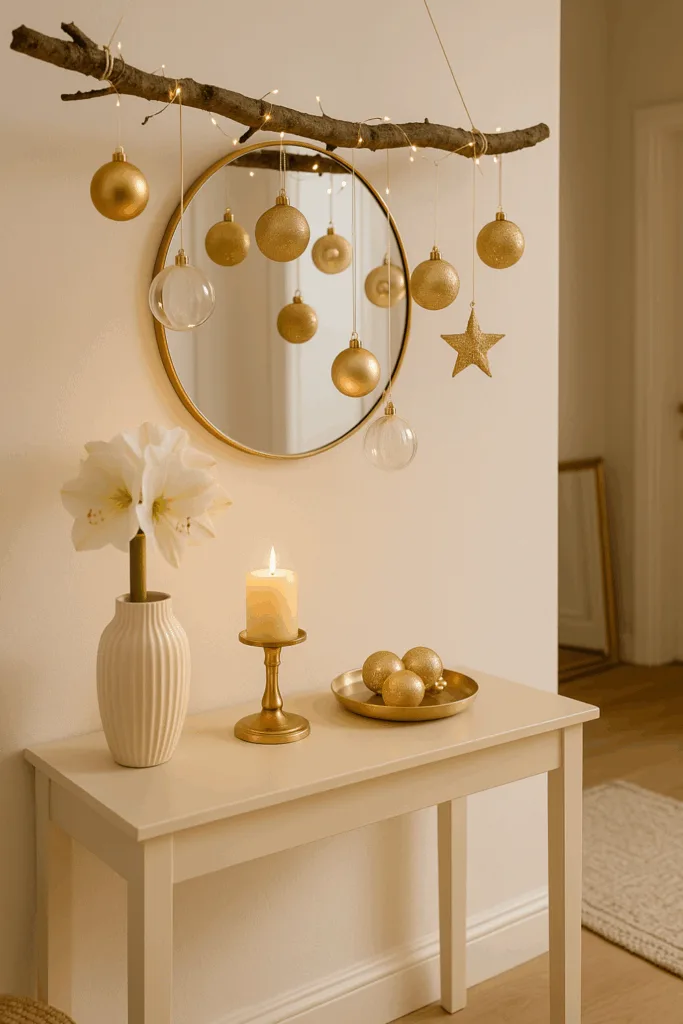 Elegante Weihnachtsdeko im Flur mit goldenen Kugeln, Kerze und Spiegel.