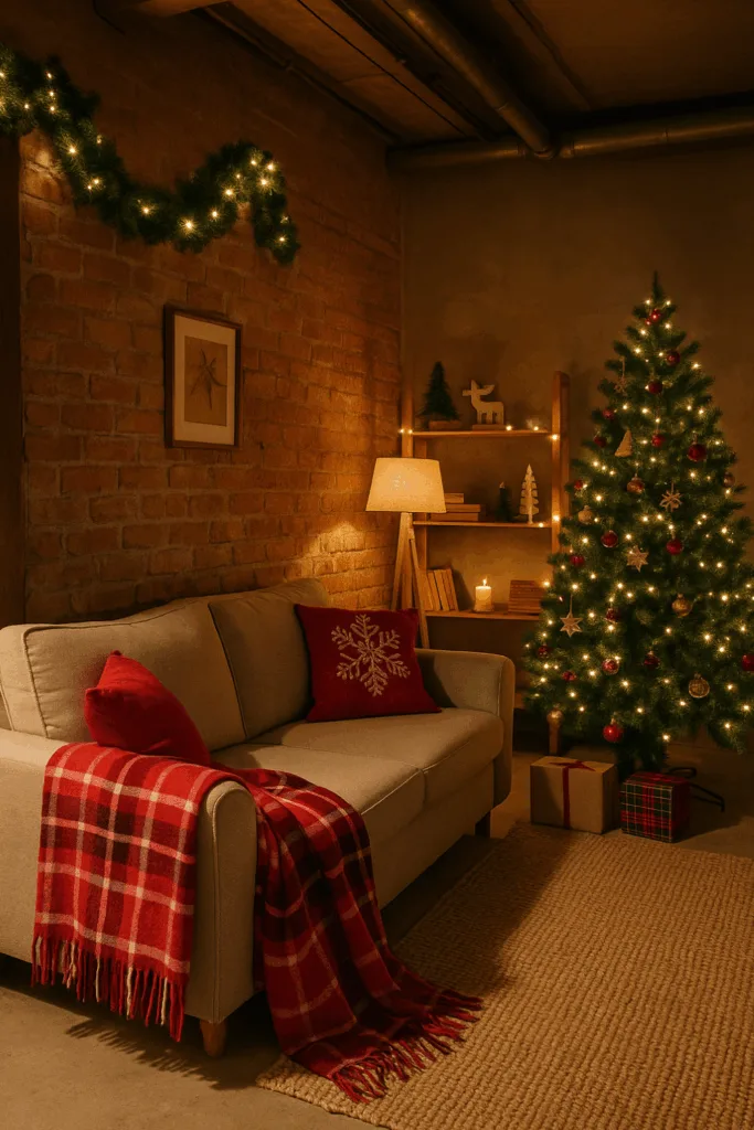 Weihnachtsdeko im Keller mit Sofa, Lichterkette und Weihnachtsbaum