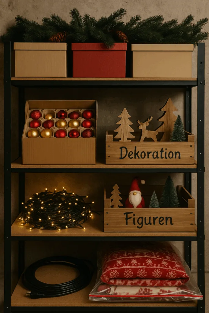 Ordentlich sortierte Weihnachtsdeko im Kellerregal mit Lichterkette und Holzboxen