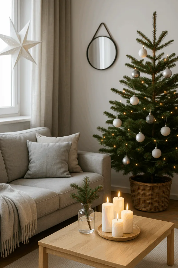 Skandinavische Weihnachtsdeko im Wohnzimmer mit Baum, Kerzen und Holzdetails