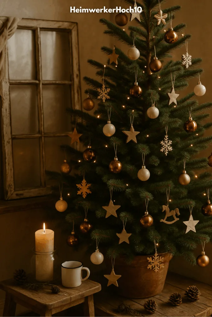 Weihnachtstrends 2025 - Die 5 schönsten Deko-Trends Vintage-Weihnachtsdeko 2025 mit Tannenbaum, Holzornamenten, Kerze und rustikalem Flair