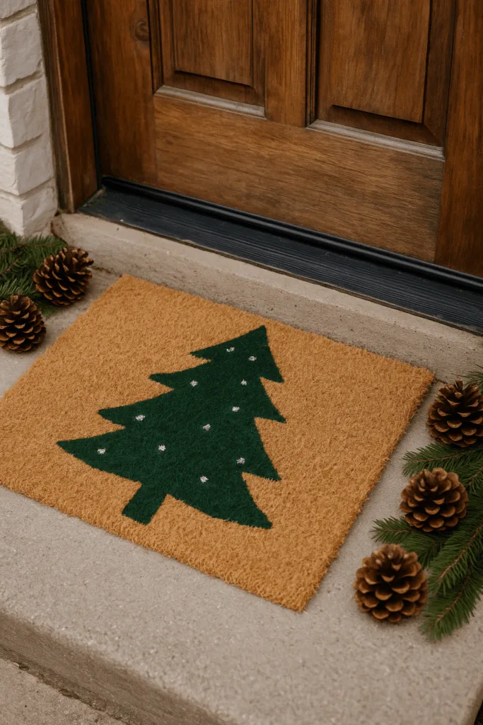 Fußmatte bemalen zu Weihnachten - 3 kreative DIY-Ideen Fußmatte bemalen Weihnachten mit grünem Tannenbaum und Naturdeko vor Haustür