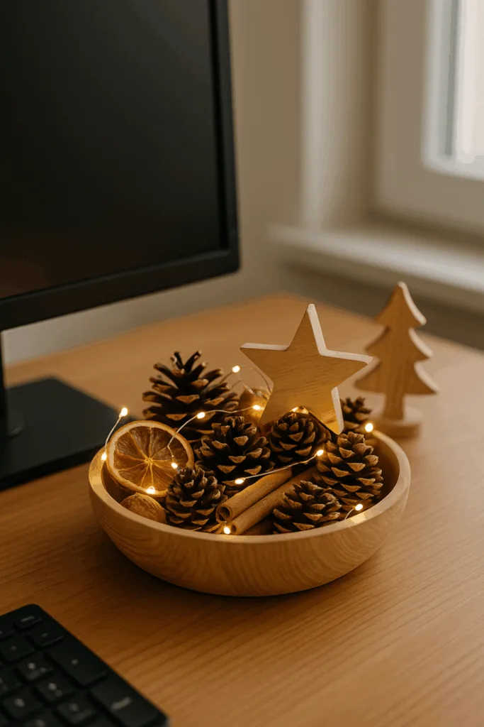 Weihnachtsdeko im Homeoffice - 3 Ideen für ein gemütliches Arbeitszimmer Weihnachtsdeko im Homeoffice mit Holzschale, LED-Lichtern und Tannenzapfen