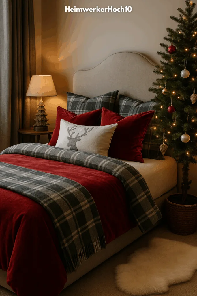 Weihnachtsdeko im Schlafzimmer - 3 gemütliche Ideen für die Adventszeit Weihnachtsdeko im Schlafzimmer mit roter Bettwäsche, Kissen und Mini-Weihnachtsbaum