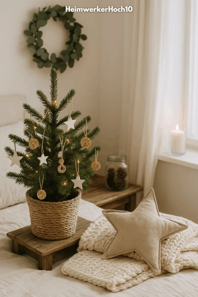 Weihnachtsdeko im Schlafzimmer - 3 gemütliche Ideen für die Adventszeit Mini-Weihnachtsbaum im Schlafzimmer mit natürlicher Deko und Lichterkette