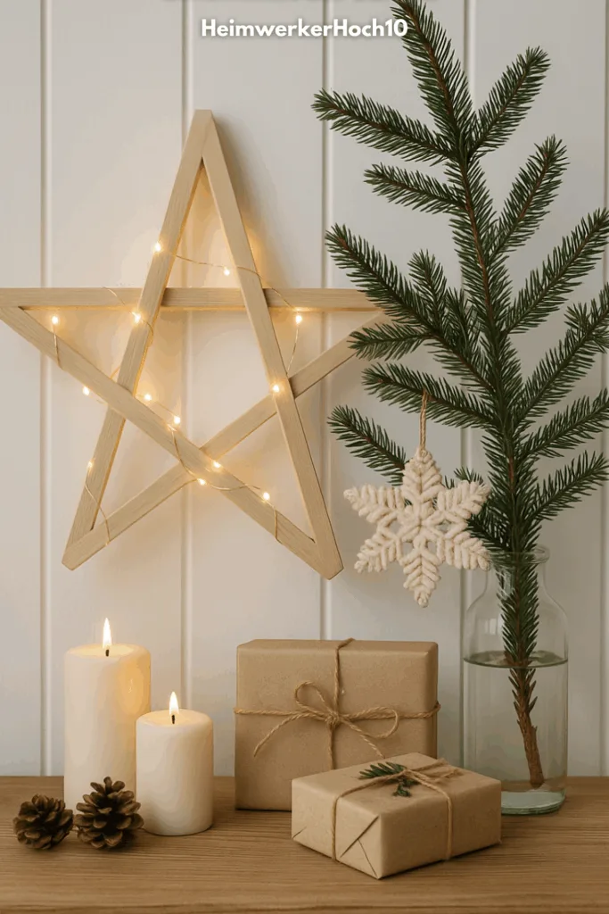 Weihnachtstrends 2025 - Die 5 schönsten Deko-Trends Minimalistische Weihnachtsdeko 2025 mit Holzstern, Lichterkette und Naturmaterialien
