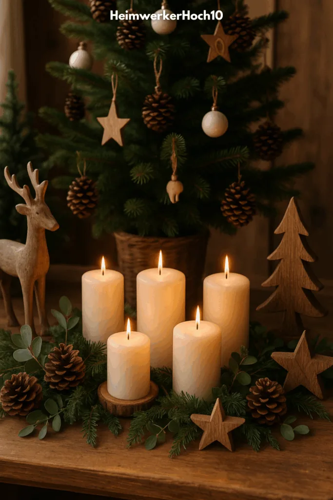 Weihnachtstrends 2025 - Die 5 schönsten Deko-Trends DIY Weihnachtsbeleuchtung mit Kerzen, Holzdeko und natürlicher Atmosphäre im Wohnzimmer