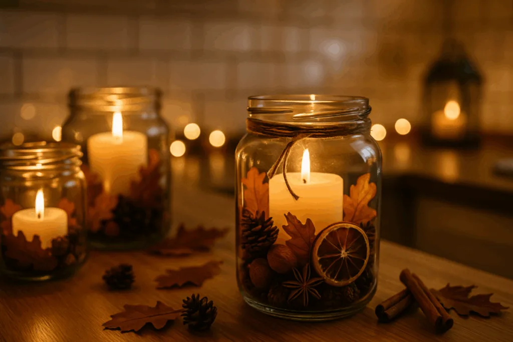 Herbstdeko für die Küche - 3 einfache DIY-Ideen zum Nachmachen Herbstdeko für die Küche mit Kerzengläsern, getrockneten Blättern und warmem Licht auf Holzoberfläche