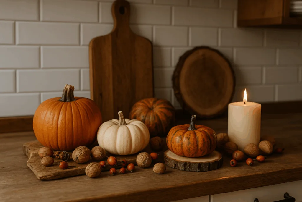 Herbstdeko für die Küche - 3 einfache DIY-Ideen zum Nachmachen Rustikale Herbstdeko in der Küche mit Kürbissen, Holzbrett, Nüssen und Kerze für gemütliche Herbststimmung.
