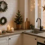 Weihnachtsdeko in der Küche mit Kerzen, Mini-Tannen und natürlichen Elementen
