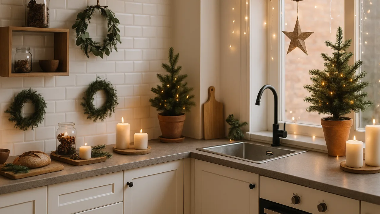 Weihnachtsdeko in der Küche – 3 wunderschöne Ideen Weihnachtsdeko in der Küche mit Kerzen, Mini-Tannen und natürlichen Elementen