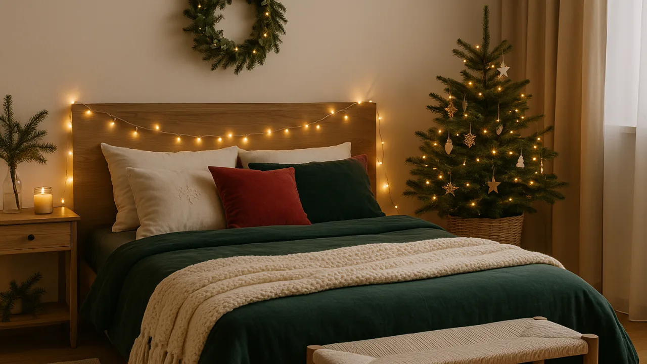Weihnachtsdeko im Schlafzimmer mit Lichterkette, Tannenbaum und warmen Farben