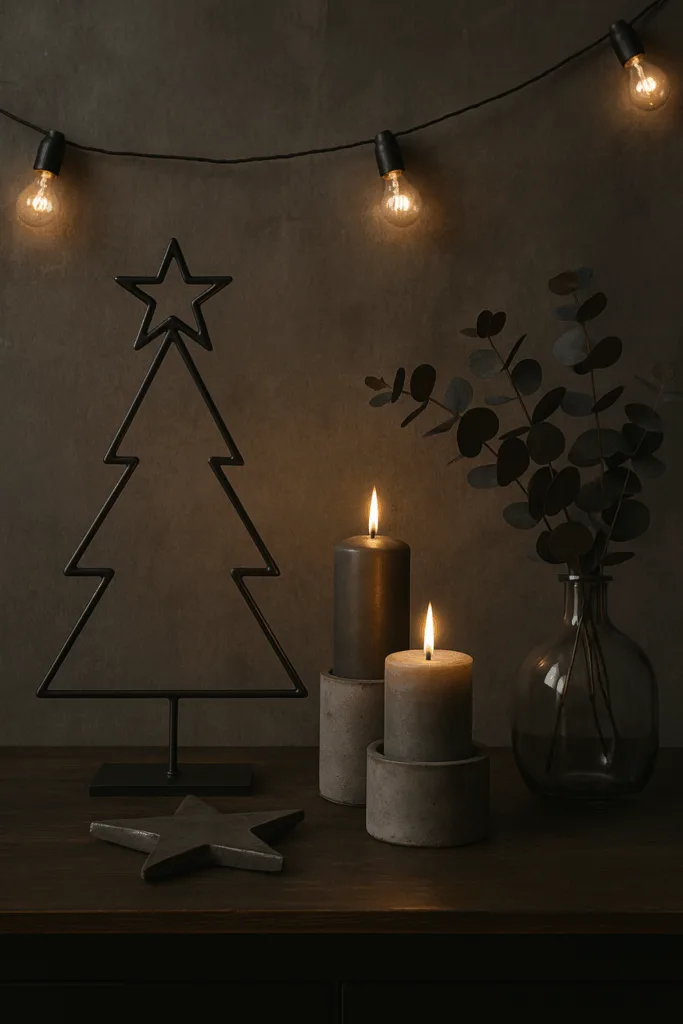 Moderne Weihnachtsdeko - 3 stilvolle Ideen zum Nachmachen Moderne Weihnachtsdekoration im Industrial-Stil mit Kerzen, Metallbaum und Eukalyptus.
