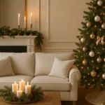 Elegantes Wohnzimmer zu Weihnachten mit gold-weißer Deko und festlichem Baum