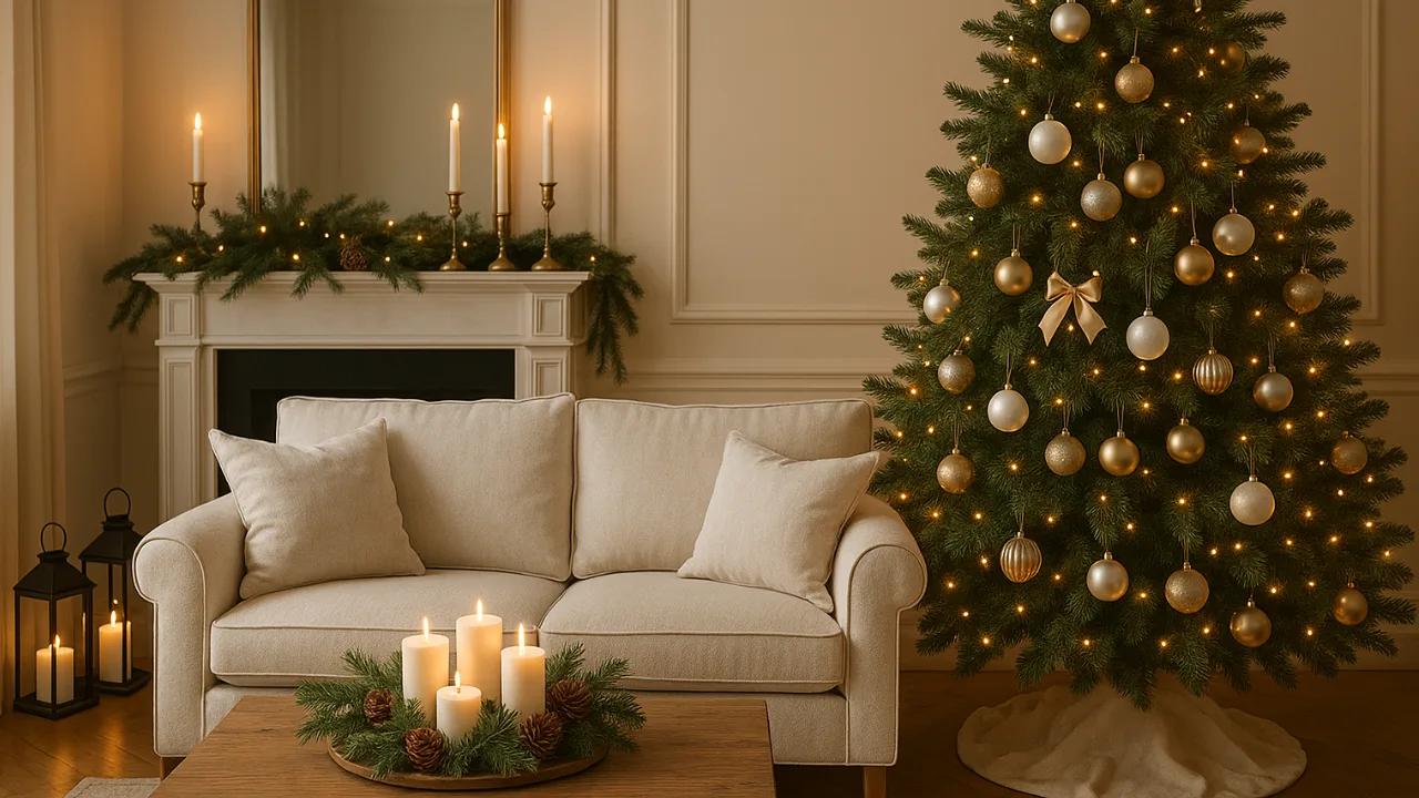 Elegantes Weihnachten – Stilvolle Deko-Ideen für dein Zuhause Elegantes Wohnzimmer zu Weihnachten mit gold-weißer Deko und festlichem Baum